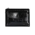 Detail of black glossy crackle leather wallet with snap button pocket and zipper closure - Black