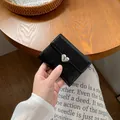 Fashionable black heart-shaped buckle trifold leather wallet for women in compact size - Black