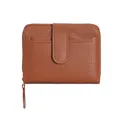 Short brown litchi pattern leather wallet with zip closure and wide buckle strap - Brown