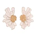 Detail of alloy enamel daisy earrings with cream petals and golden pistils in macro view - White