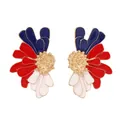 Macro detail of red, white, and blue enamel flower earrings with golden textured centers - Red Blue White