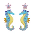 Close-up of seahorse drop earrings with pink star studs and colorful rhinestones - Pink Star Blue-Yellow Seahorse Style / Yellow Blue
