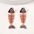 Pendientes de espina de pescado con diamantes rojos y esmalte colorido incrustado - Cuentas de Diamantes de Imitación Rojos / Rojo