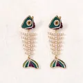 Pendientes de espina de pescado con esmalte de colores, perlas y cristales dorados - Estilo Perla de Imitación Blanca / Blanco