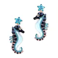 Seahorse dangle earrings with blue flower stud and colorful crystal rhinestones - Blue Flower Seahorse Style / Blue
