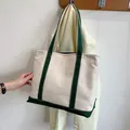 Cream canvas tote bag with dark green straps and contrast stitching for women - Dark Green