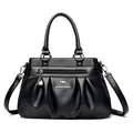 Black pleated leather tote bag with kangaroo logo and detachable shoulder strap - Black