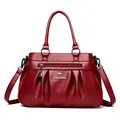 Dark red pleated leather handbag with large capacity and multi-compartment design - Red