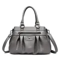 Deep grey pleated large capacity tote bag with荔枝纹 grain leather and crossbody strap - Gray