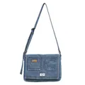 Borsa a tracolla minimalista in denim blu con chiusura a scatto argento e ricamo a lettere - Azzurro