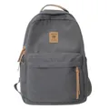 Dark grey casual canvas backpack for students with brown leather accents and side pockets - Gray