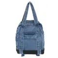 Blue denim backpack with black base and front pocket in a clean white background view - Light Blue