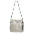Light gray jacquard shoulder bag with golden mountain pattern and tassel detail - Dark Blue