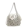 Borsa a secchiello bianca con occhielli metallici argentati, coulisse e catena - Bianco