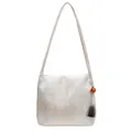 Beige floral silk fabric shoulder bag with traditional Chinese motifs and orange bead tassel - White