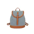 Chique blauwe denim rugzak met bruine lederen bies en metalen gesp voor dames - Geelbruin