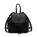 Minimalist black lychee pattern PU leather mini backpack with drawstring and flap cover - Black