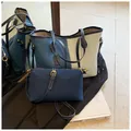 Denim and leather patchwork tote set with matching crossbody bag and gold hardware - Tote Bag Set / Light Blue