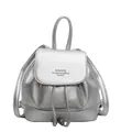 Silver metallic leather mini backpack with litchi texture and drawstring closure - Silver