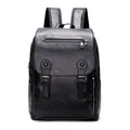 Minimalist black PU leather business backpack with stylish flap and metal buckles - Black