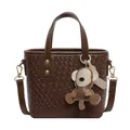 Brown woven leather tote bag with top handle, crossbody strap and monkey charm - Single Bag / Coffee