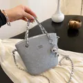 Silver glitter bucket bag with metal chain handles and chic rabbit charm decoration - Denim Light Blue