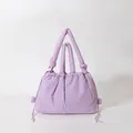 Quilted lavender puffy shoulder bag with drawstring closure and knotted handles - Purple