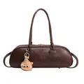 Bolso cilíndrico retro en cuero marrón oscuro con herrajes dorados y colgante peluche - Café (Con Colgante)