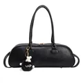 Bolso de hombro baguette negro retro con textura grabada y detalle de amuleto de peluche - Negro (con colgante)