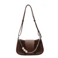 Bolso de hombro retro marrón oscuro con relieve Fashion y cadena de perlas - Marrón Oscuro