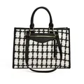 Franse houndstooth tote tas met zwart lederen biezen en gouden metalen accenten - Wit Raster