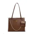 Brown faux leather tote bag with white fleece trim and matching small pouch set - Brown