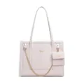 Pink faux leather tote bag with white plush trim and matching mini coin purse detail - White