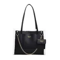 Black faux leather tote bag with white fleece trim and a small matching coin purse - Black