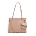 Beige plush-trimmed faux leather tote bag with gold chain and matching coin purse - Khaki