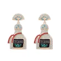 Detail of gold tequila bottle earrings with rhinestone beads and lime slice design - Light Blue Beads