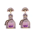 Close-up of gold alloy tequila bottle earrings with purple rhinestones and engraving - Light Purple Rhinestone