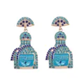 Detailed view of gold-tone tequila bottle earrings with blue rhinestones and lettering - Blue Zircon