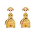Detailed view of gold earrings with tequila bottle charms and crystal lemon slices - Yellow Zirconia