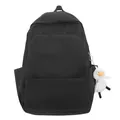 Minimalist black waterproof backpack with white duck plush keychain and side pockets - Black