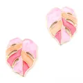 Fashionable Monstera leaf earrings with colorful enamel and gold metal frame on white backdrop - Pink