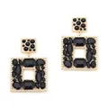 Retro geometric square gold-tone drop earrings with faceted black gemstone inlay - Black