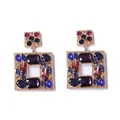 Exaggerated geometric square drop earrings with colorful crystals in gold plating - Blue