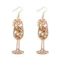 Detailed view of champagne glass earrings with amber crystals and white pearls - Gold Earhook Style