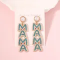 Detail of MAMA letter dangle earrings with blue rhinestones and white pearls for Mother's Day - Cyan