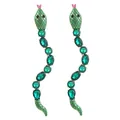 Elegant green snake earrings with emerald rhinestones and detailed scales on white background - Green