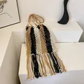 Bohemian hand-woven fringe crossbody bag with chic wooden beads in tricolor stripes - Black and White