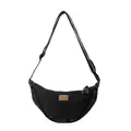 Borsa a tracolla a mezzaluna in denim grigio scuro con tracolla regolabile ed etichetta - Nero