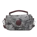 Borsa a mano retrò in jacquard grigio con manici in pelle marrone e fibbia rotonda - Nero