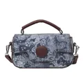 Borsa a mano jacquard blu e bianca con finiture in pelle marrone e fibbia rotonda - Blu